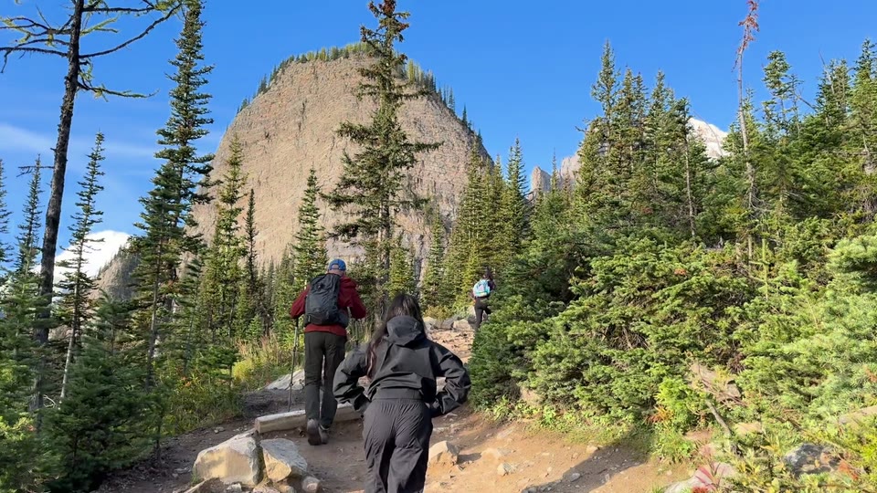 Three hikers walking up a forest trail toward a rounded rock peak
