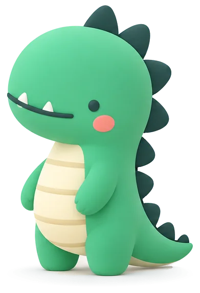 Hound, Takehound's green dinosaur, standing on the video window and smiling
