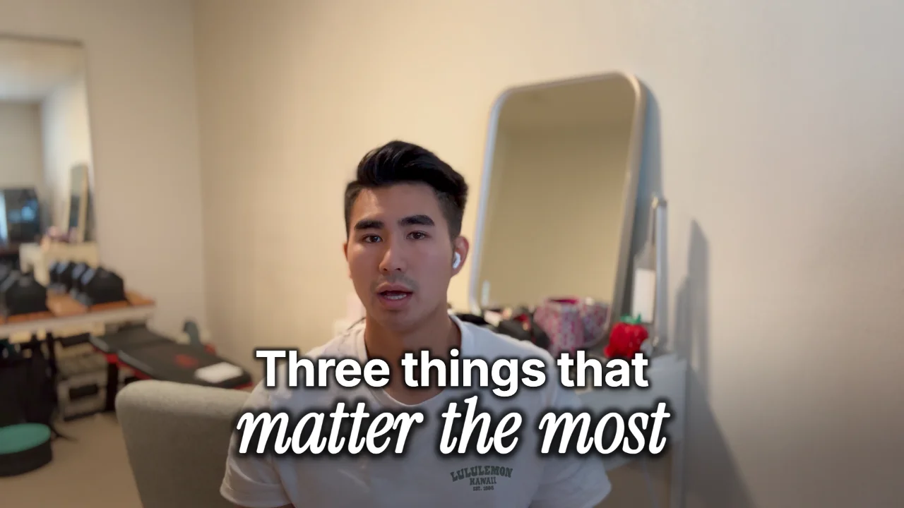 A frame of a talking-head video with "Three things that matter the most" on screen in the Black and white look