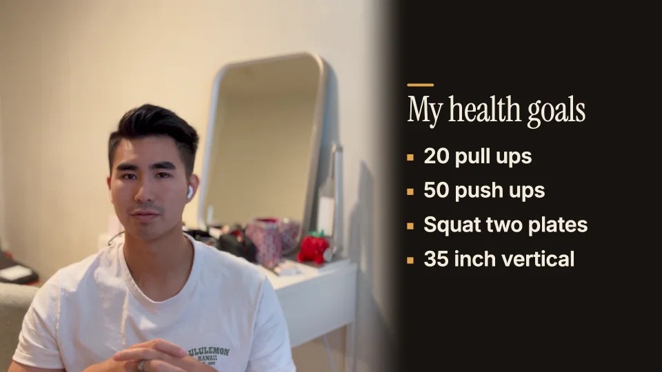 The same talk with a list, "My health goals", beside the speaker in the Documentary look