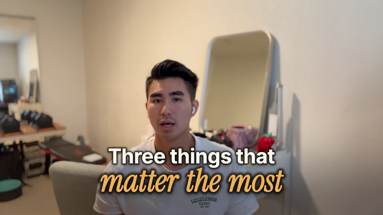 A frame of a talking-head video with "Three things that matter the most" on screen in the Documentary look