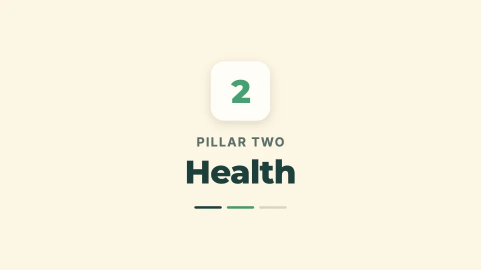 A chapter card, "Pillar two: Health", in the Friendly green look