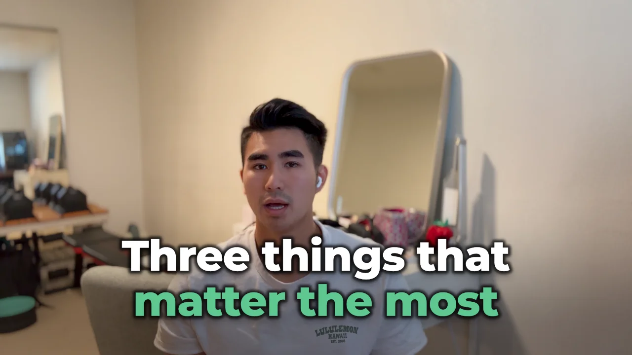 A frame of a talking-head video with "Three things that matter the most" on screen in the Friendly green look