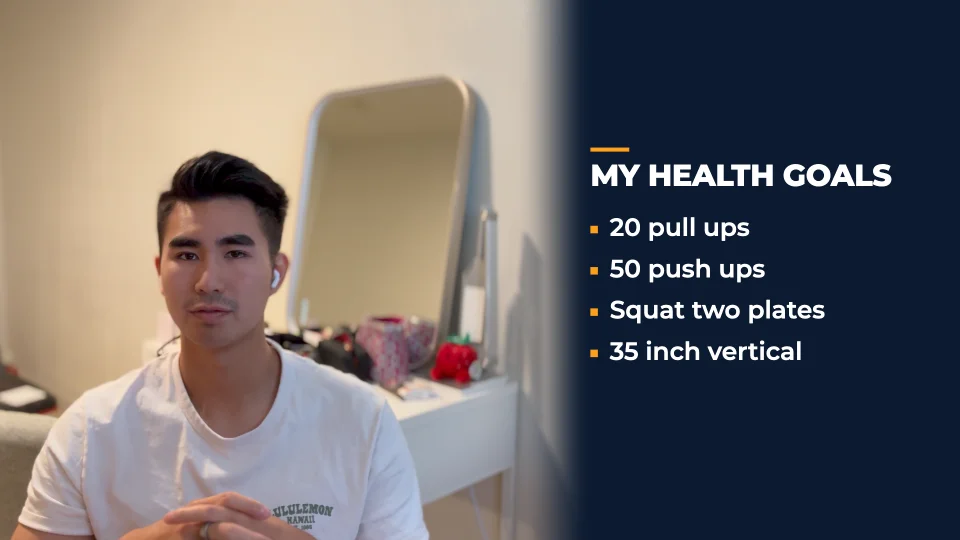The same talk with a list, "My health goals", beside the speaker in the Navy business look
