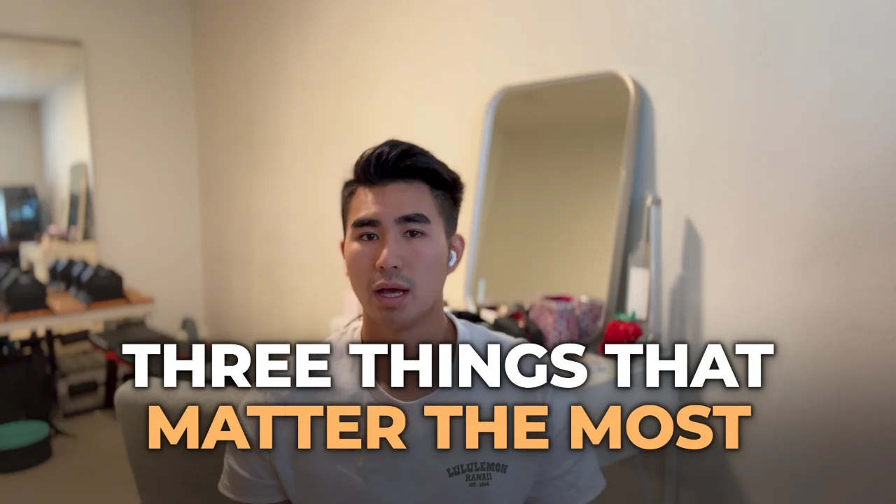 A frame of a talking-head video with "Three things that matter the most" on screen in the Navy business look