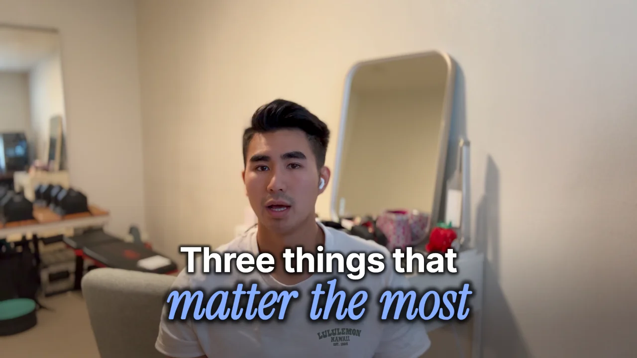 A frame of a talking-head video with "Three things that matter the most" on screen in the Notebook look
