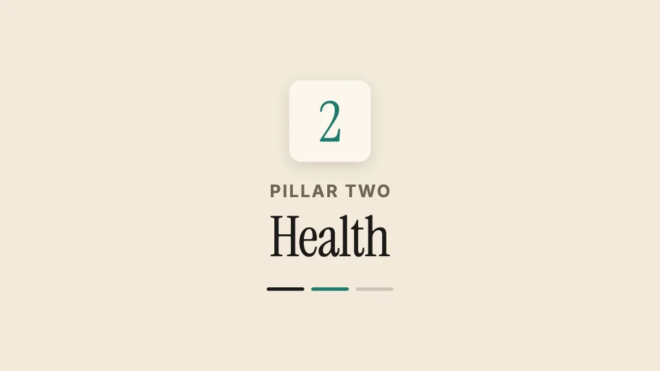 A chapter card, "Pillar two: Health", in the Warm paper look