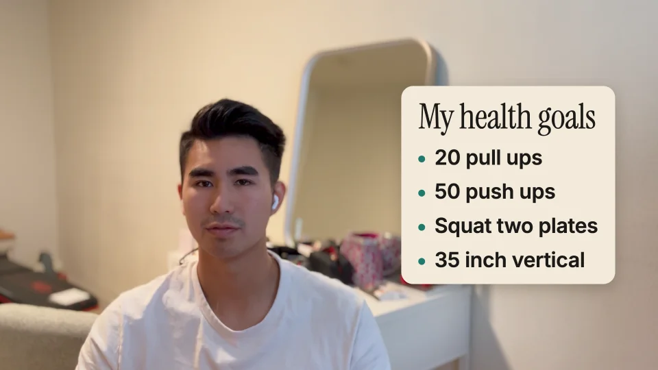 The same talk with a list, "My health goals", beside the speaker in the Warm paper look
