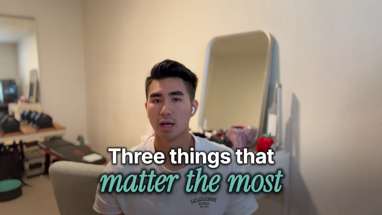 A frame of a talking-head video with "Three things that matter the most" on screen in the Warm paper look